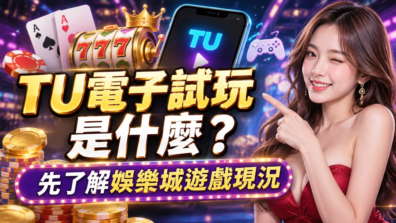 圖片以華麗的娛樂城遊戲場景為背景,搭配老虎機、撲克牌、籌碼與手機介面,呈現TU電子試玩的特色與遊戲氛圍。 透過醒目的繁體中文標題與霓虹燈光效果,帶領玩家了解TU電子試玩的基本概念及線上娛樂城遊戲現況。